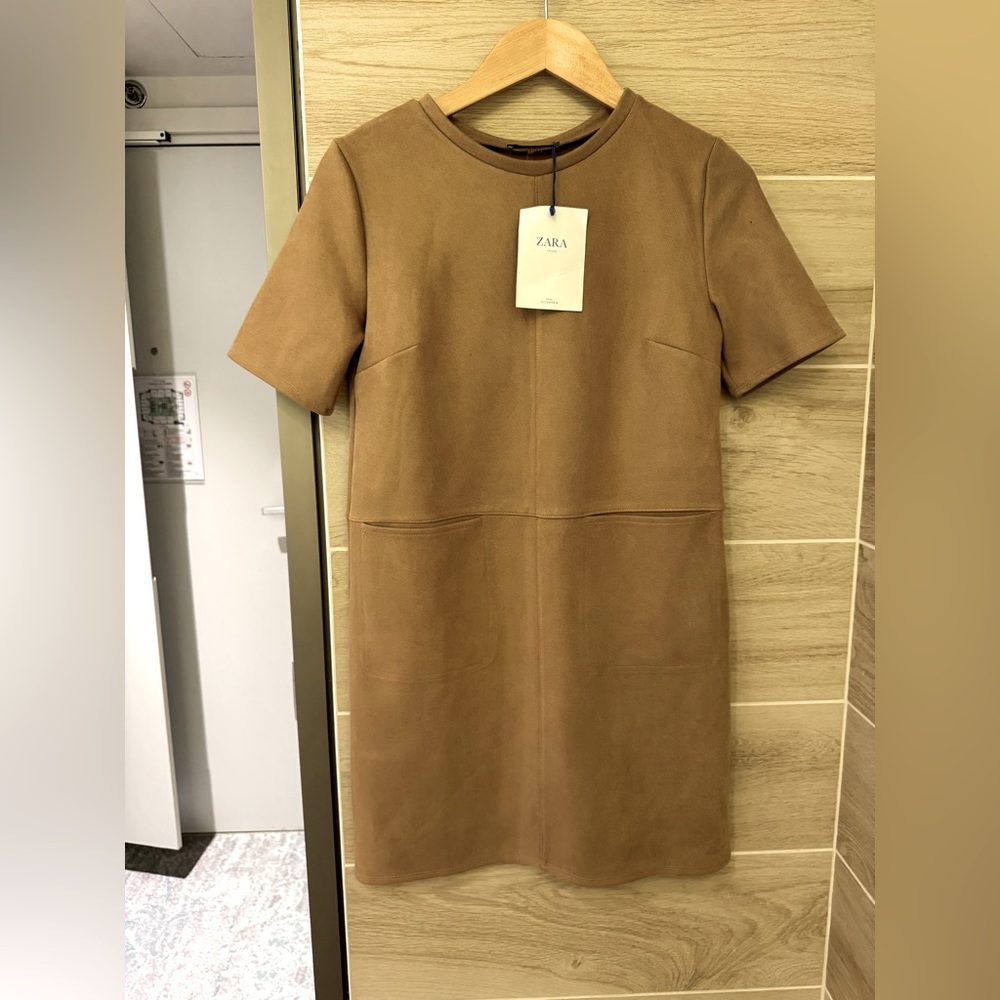 NEW Zara Suede Like Dress Beige/Nude/Sand Pockets Small - Picture 3 of 6